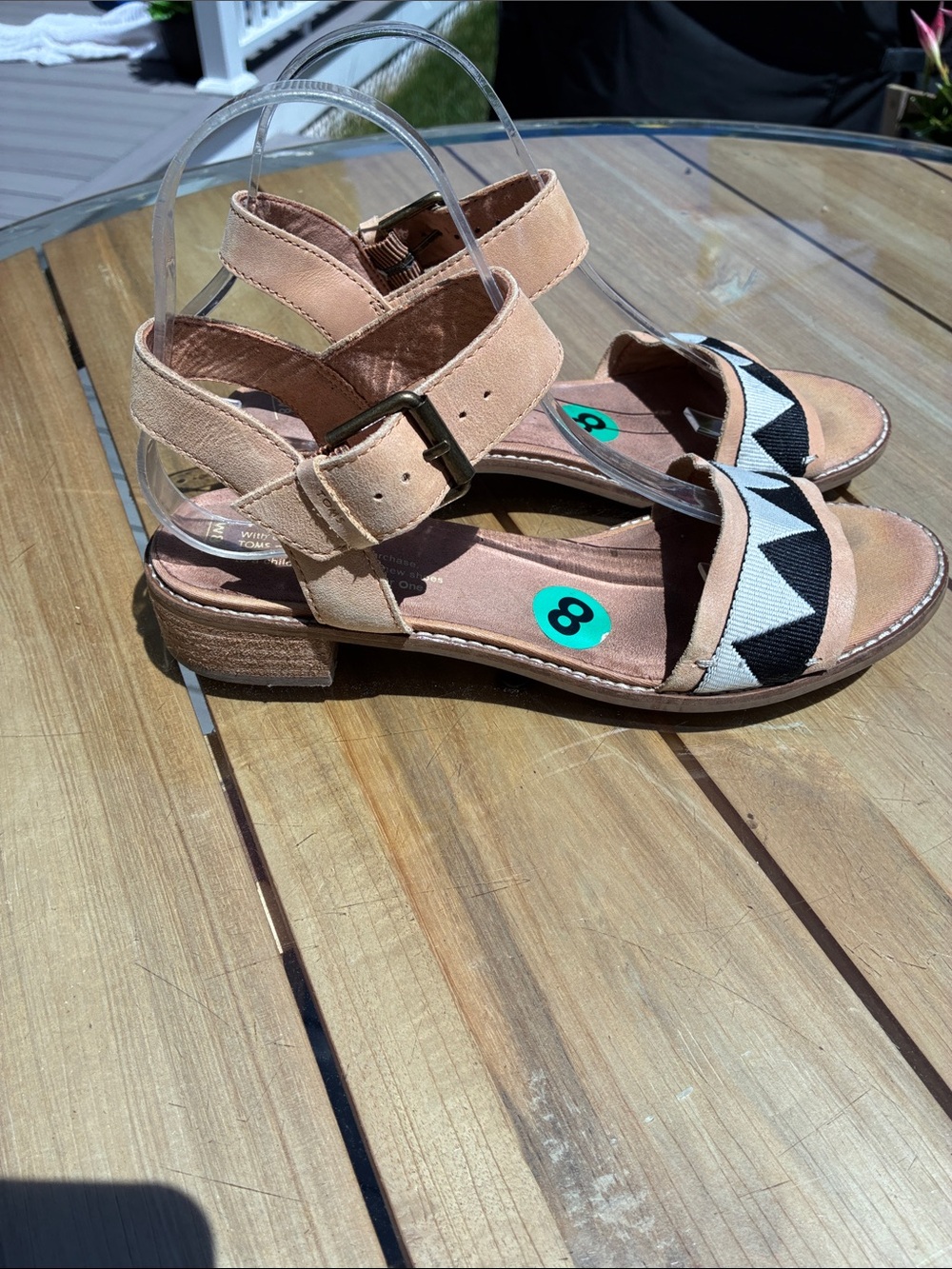 Toms Tan Sandals with Black & White Geometric Strap